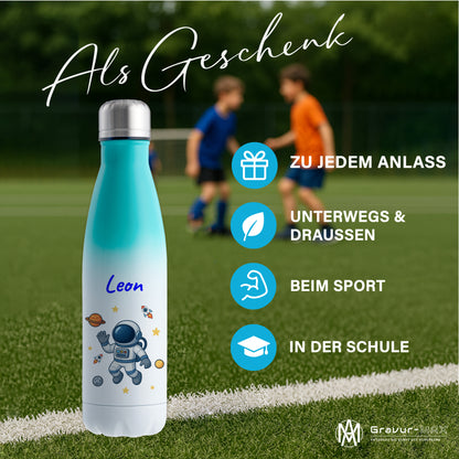Thermoflasche 500ml in Weiß/Mint bedruckt mit tollen Motiven für Kinder "Astronaut" personalisierbar mit Wunschname