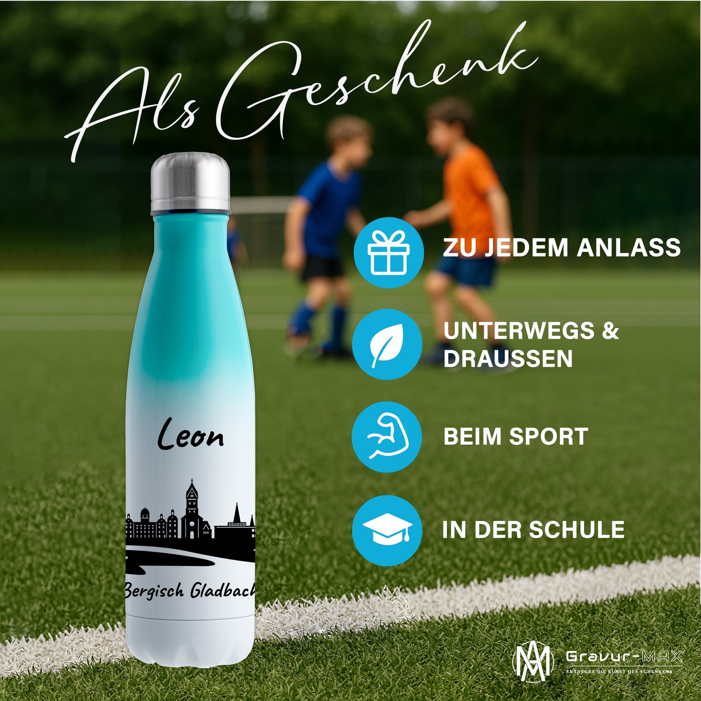 Trinkflasche in Weiß/Mint 500ml aus Edelstahl bedruckt mit der Skyline von Bergisch Gladbach personalisierbar mit Wunschname