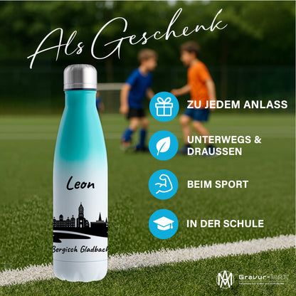Trinkflasche in Weiß/Mint 500ml aus Edelstahl bedruckt mit der Skyline von Bergisch Gladbach personalisierbar mit Wunschname