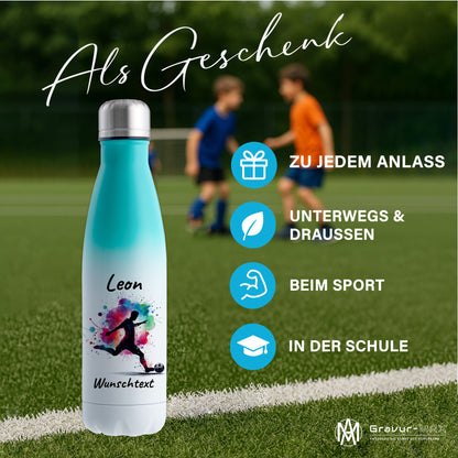 Thermoflasche 500ml in Weiß/Mint aus Edelstahl bedruckt "Fußball" Motiv4 personalisierbar mit Wunschname & Text