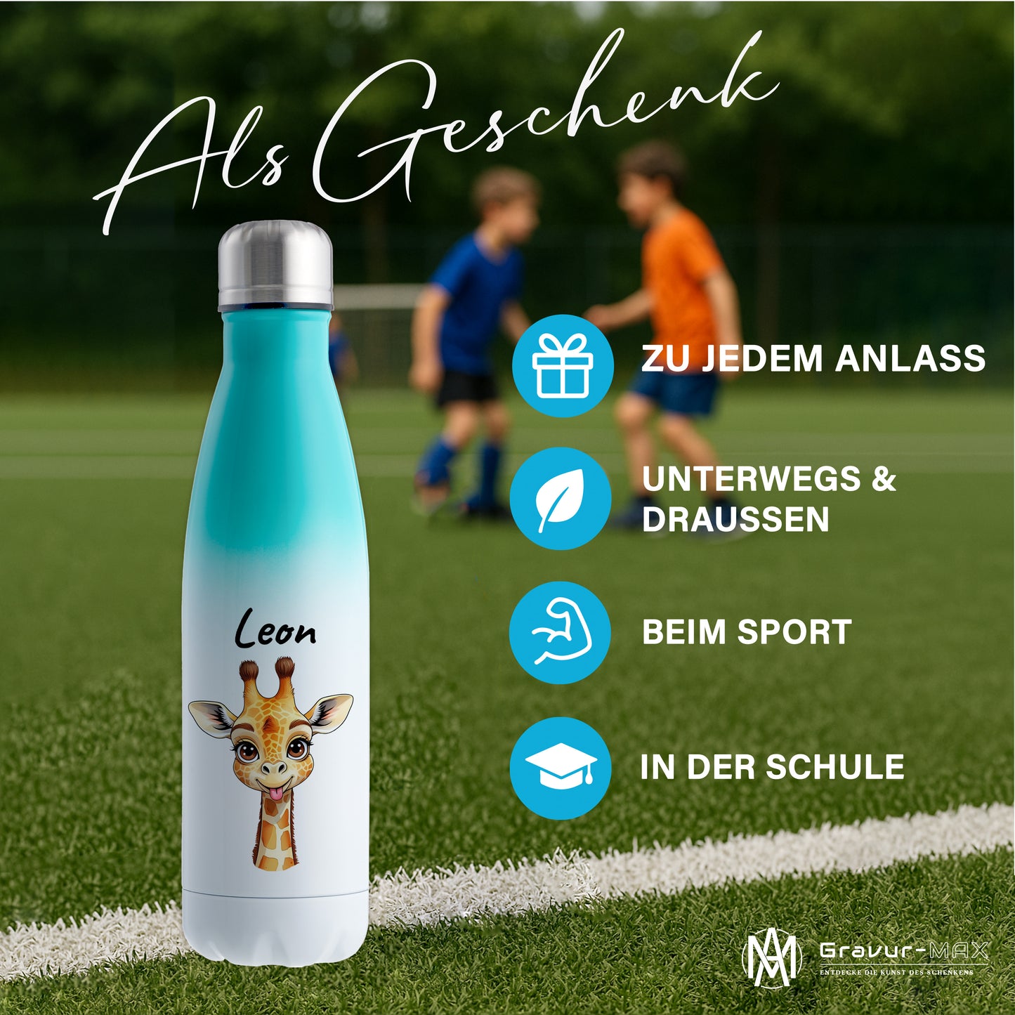Trinkflasche in Weiß/Mint 500ml aus Edelstahl bedruckt mit niedlichen Tieren "Giraffe" personalisierbar für Kinder mit Wunschname