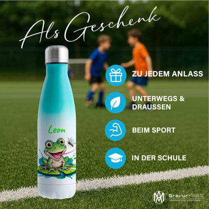 Trinkflasche in Weiß/Mint 500ml aus Edelstahl bedruckt mit niedlichen Tieren "Frosch" personalisierbar für Kinder mit Wunschname