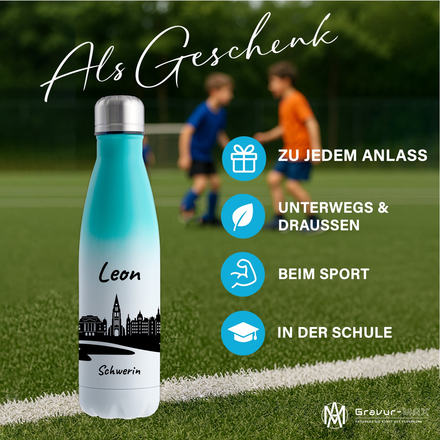Trinkflasche in Weiß/Mint 500ml aus Edelstahl bedruckt mit der Skyline von Schwerin personalisierbar mit Wunschname