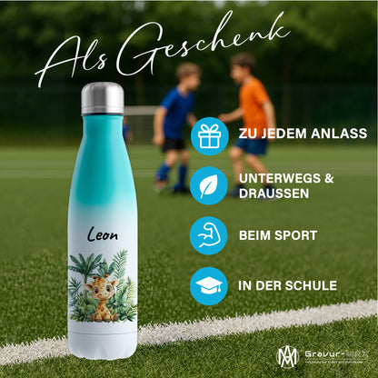 Trinkflasche mit Farbverlauf in Weiß/Mint 500ml aus Edelstahl bedruckt mit Dschungel Tieren"Giraffe" personalisierbar für Kinder mit Wunschname