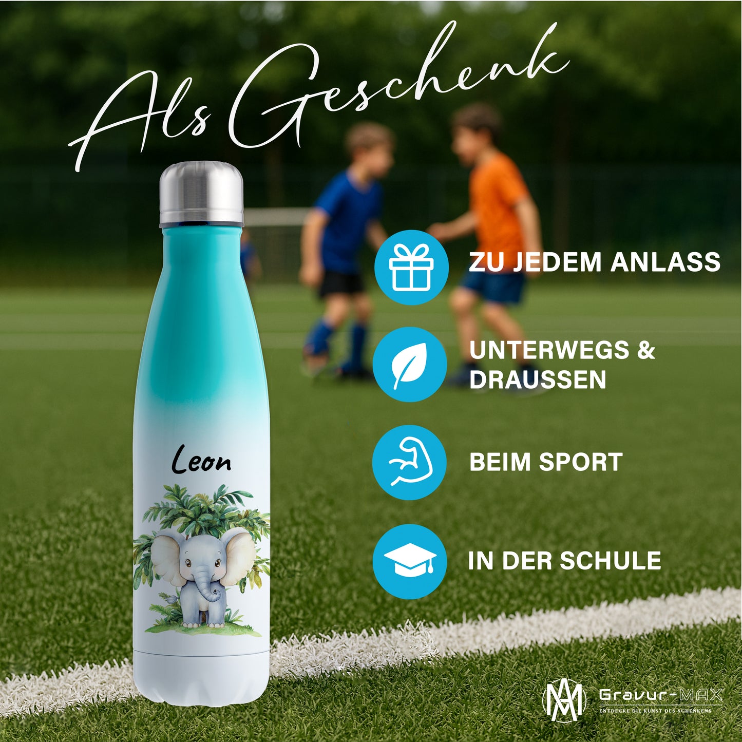 Trinkflasche mit Farbverlauf in Weiß/Mint 500ml aus Edelstahl bedruckt mit Dschungel Tieren"Elefant" personalisierbar für Kinder mit Wunschname