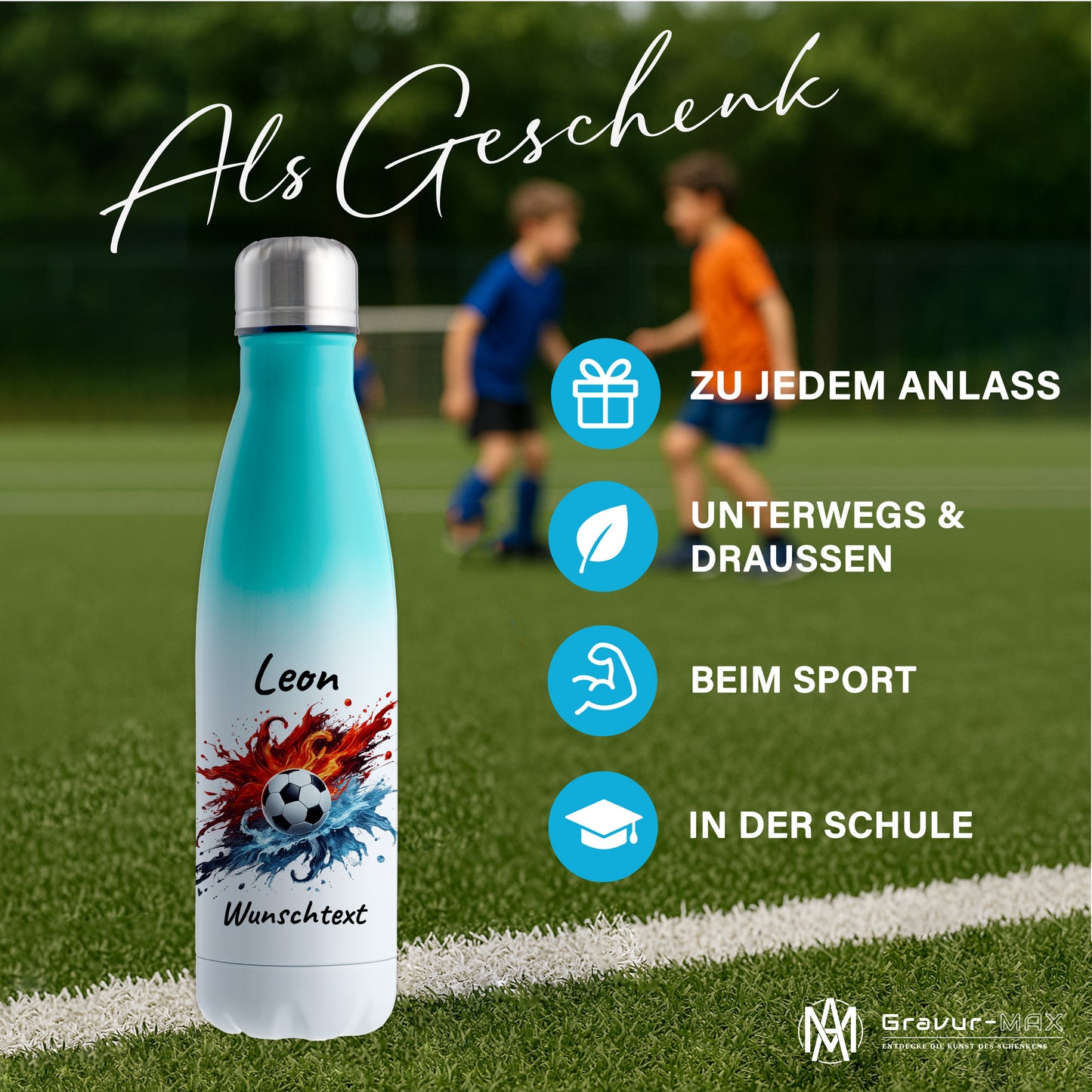 Thermoflasche 500ml in Weiß/Mint aus Edelstahl bedruckt "Fußball" Motiv12 personalisierbar mit Wunschname & Text