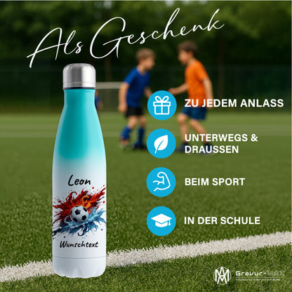 Thermoflasche 500ml in Weiß/Mint aus Edelstahl bedruckt "Fußball" Motiv12 personalisierbar mit Wunschname & Text