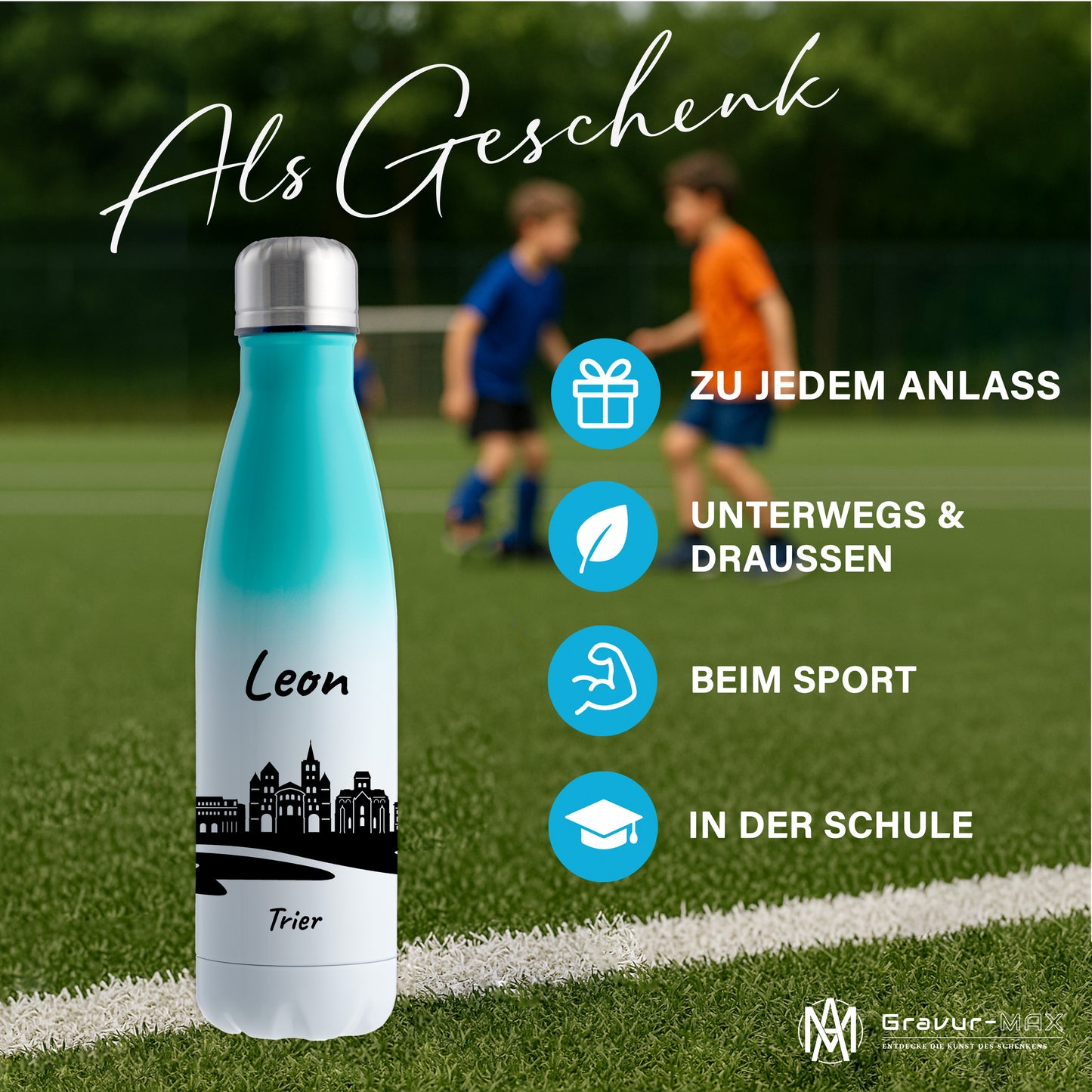 Trinkflasche in Weiß/Mint 500ml aus Edelstahl bedruckt mit der Skyline von Trier personalisierbar mit Wunschname