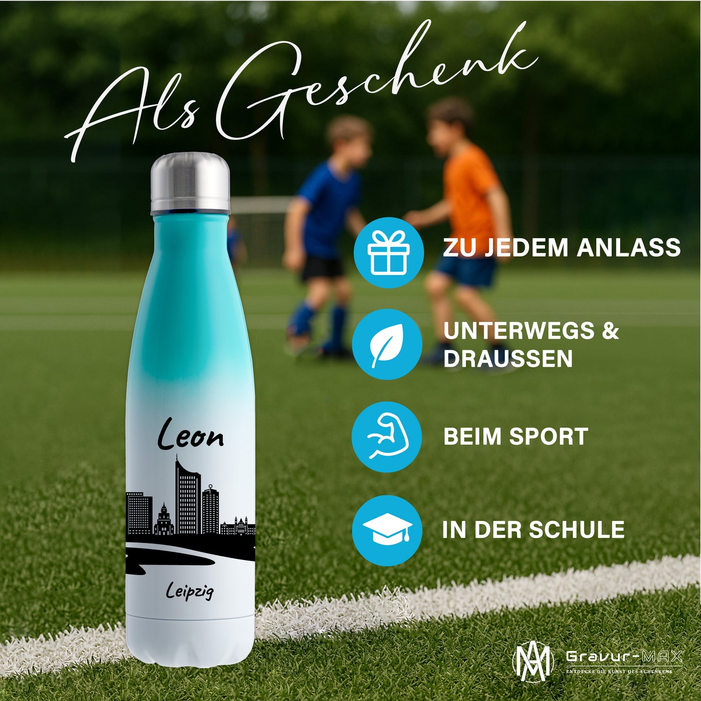 Trinkflasche in Weiß/Mint 500ml aus Edelstahl bedruckt mit der Skyline von Leipzig personalisierbar mit Wunschname