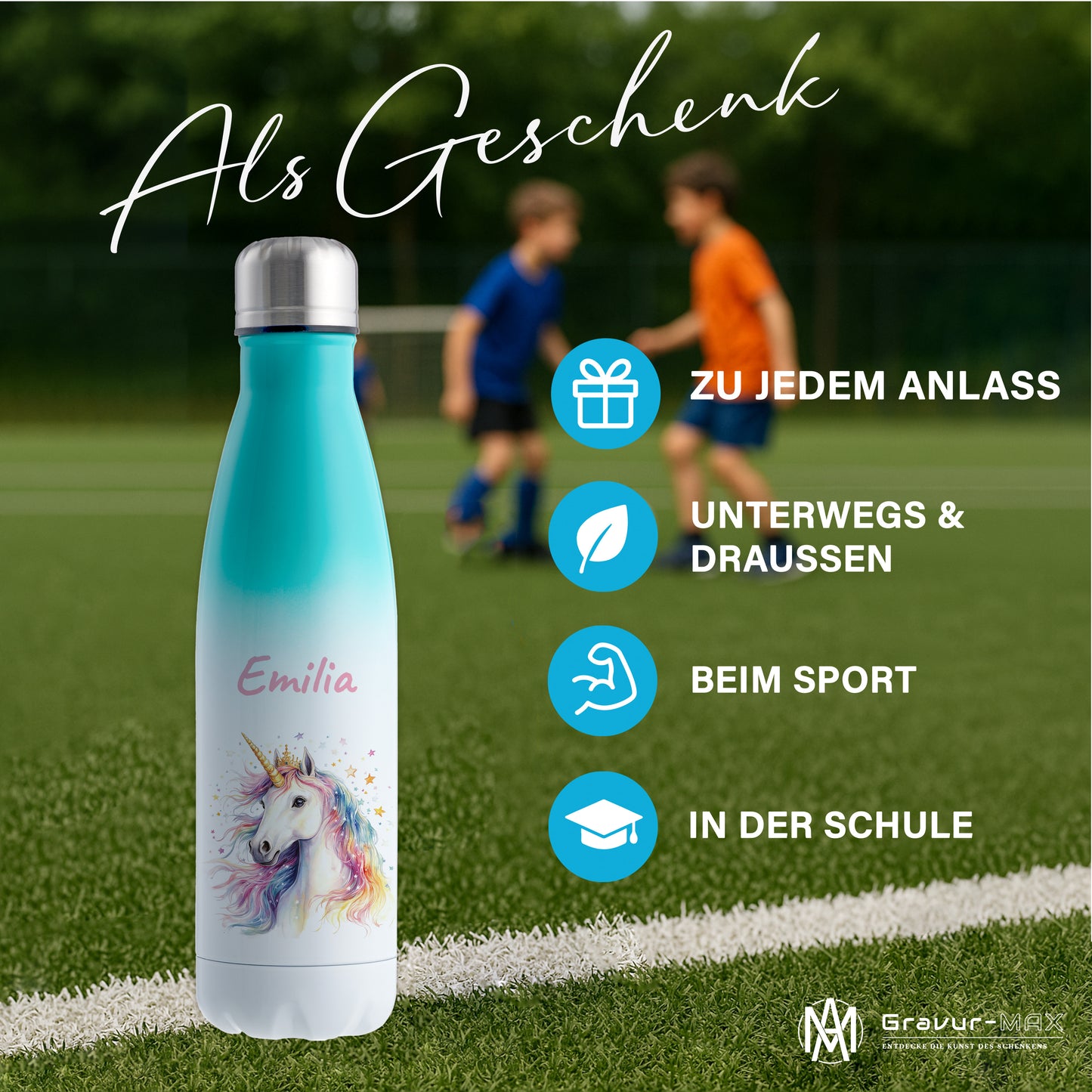 Thermoflasche 500ml in Weiß/Mint bedruckt mit tollen Motiven für Kinder "Einhorn" personalisierbar mit Wunschname
