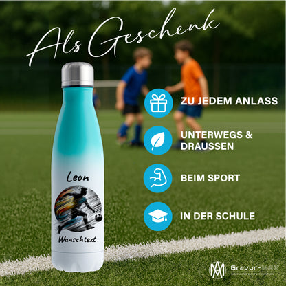 Thermoflasche 500ml in Weiß/Mint aus Edelstahl bedruckt "Fußball" Motiv2 personalisierbar mit Wunschname & Text