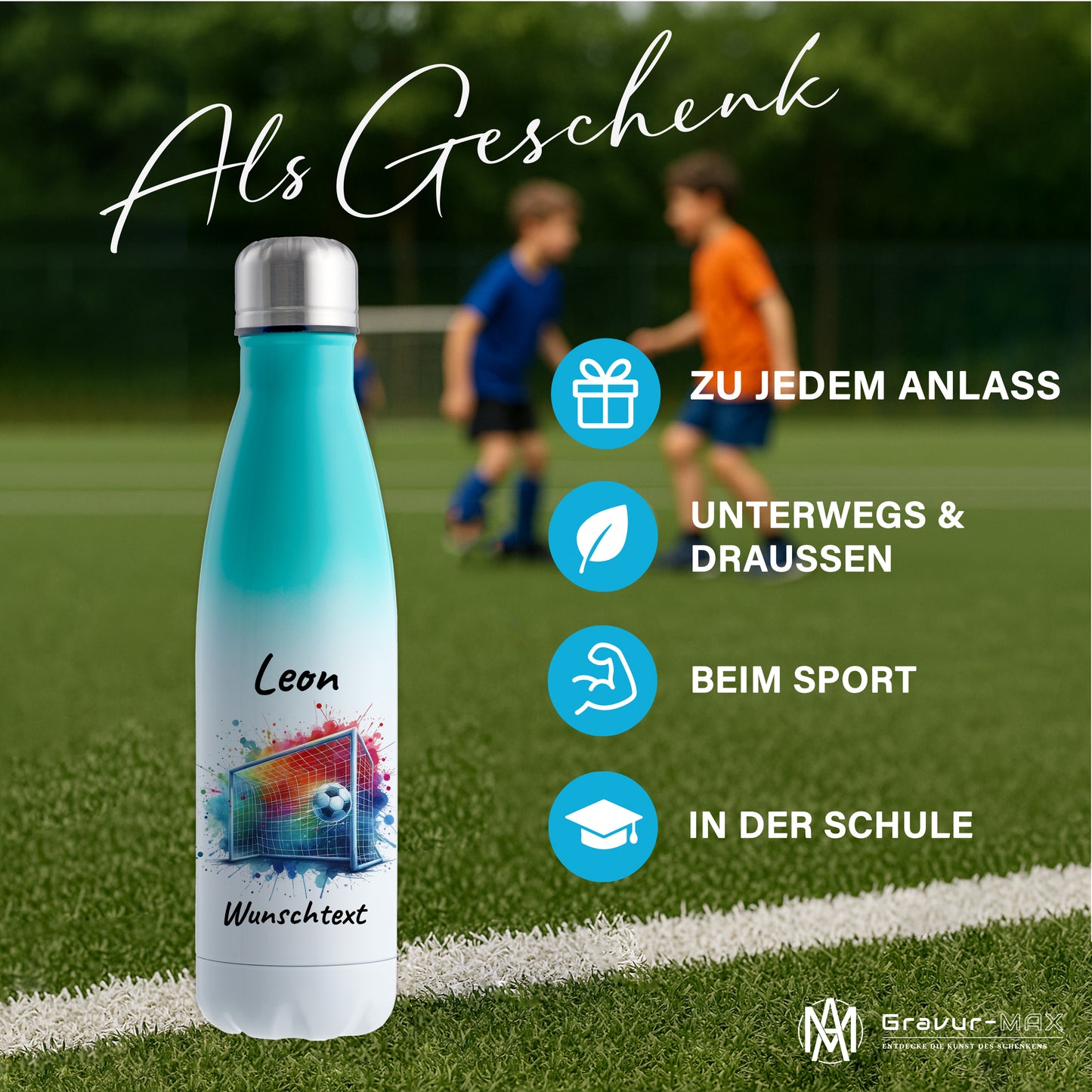 Thermoflasche 500ml in Weiß/Mint aus Edelstahl bedruckt "Fußball" Motiv5 personalisierbar mit Wunschname & Text