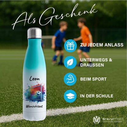 Thermoflasche 500ml in Weiß/Mint aus Edelstahl bedruckt "Fußball" Motiv5 personalisierbar mit Wunschname & Text