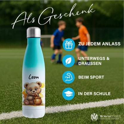 Trinkflasche in Weiß/Mint 500ml aus Edelstahl bedruckt mit niedlichen Tieren "Bär" personalisierbar für Kinder mit Wunschname