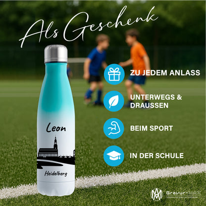 Trinkflasche in Weiß/Mint 500ml aus Edelstahl bedruckt mit der Skyline von Heidelberg personalisierbar mit Wunschname