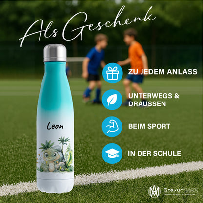 Trinkflasche mit Farbverlauf in Weiß/Mint 500ml aus Edelstahl bedruckt mit Dschungel Tieren"Krokodil" personalisierbar für Kinder mit Wunschname