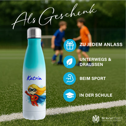 Thermoflasche 500ml in Weiß/Mint bedruckt mit tollen Motiven für Kinder "Superheldin" personalisierbar mit Wunschname