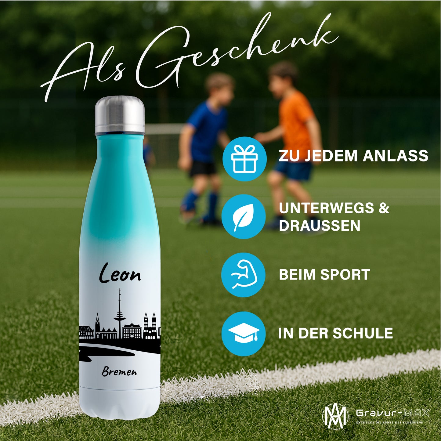 Trinkflasche in Weiß/Mint 500ml aus Edelstahl bedruckt mit der Skyline von Bremen personalisierbar mit Wunschname
