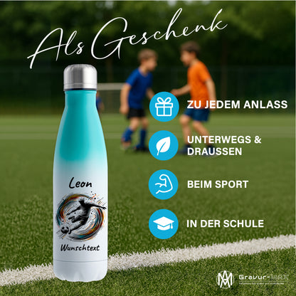 Thermoflasche 500ml in Weiß/Mint aus Edelstahl bedruckt "Fußball" Motiv1 personalisierbar mit Wunschname & Text