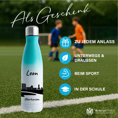Trinkflasche in Weiß/Mint 500ml aus Edelstahl bedruckt mit der Skyline von Oberhausen personalisierbar mit Wunschname