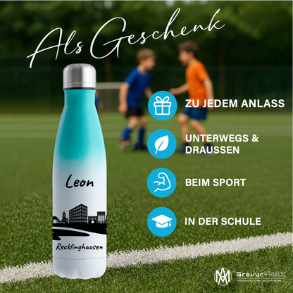 Trinkflasche in Weiß/Mint 500ml aus Edelstahl bedruckt mit der Skyline von Recklinghausen personalisierbar mit Wunschname