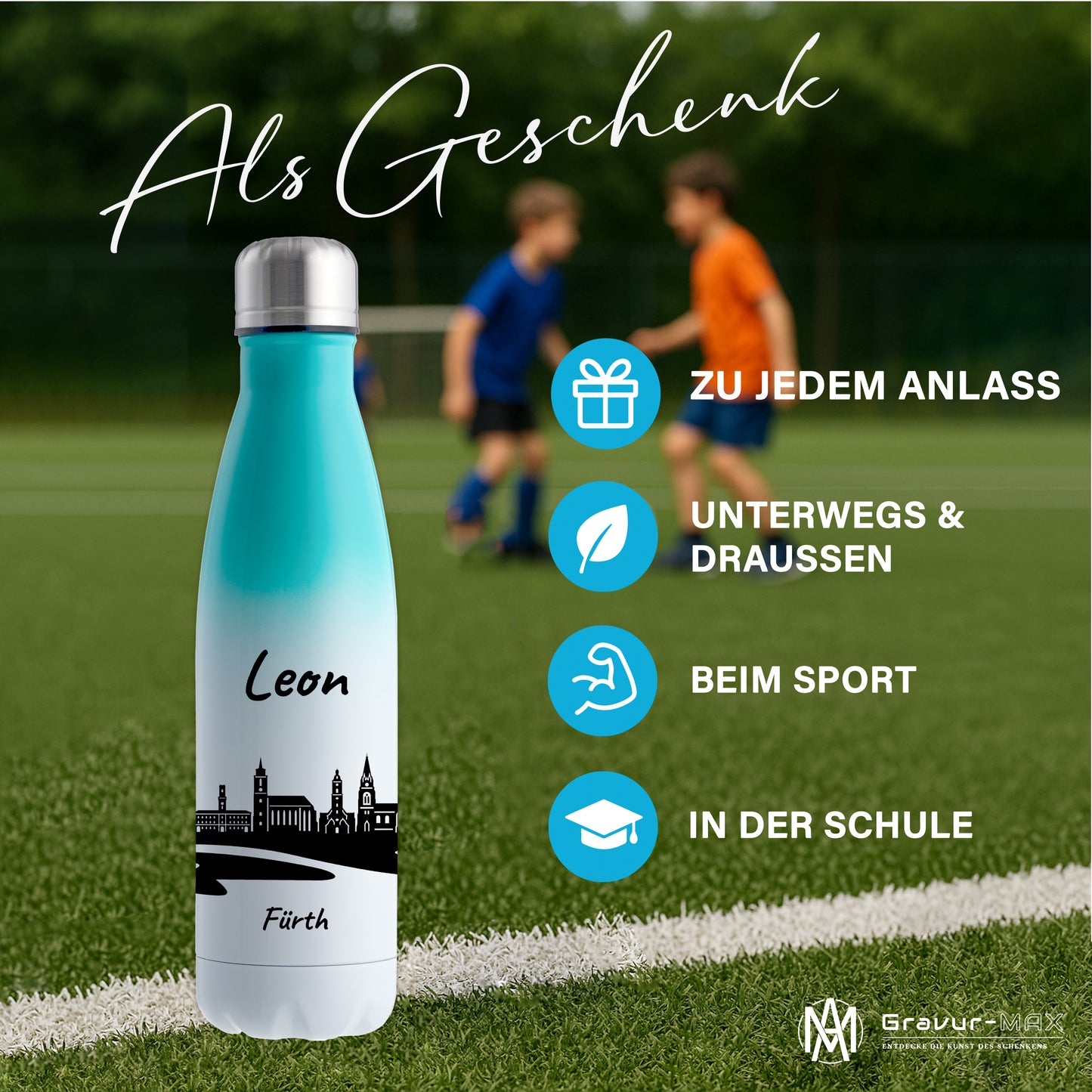 Trinkflasche in Weiß/Mint 500ml aus Edelstahl bedruckt mit der Skyline von Fürth personalisierbar mit Wunschname