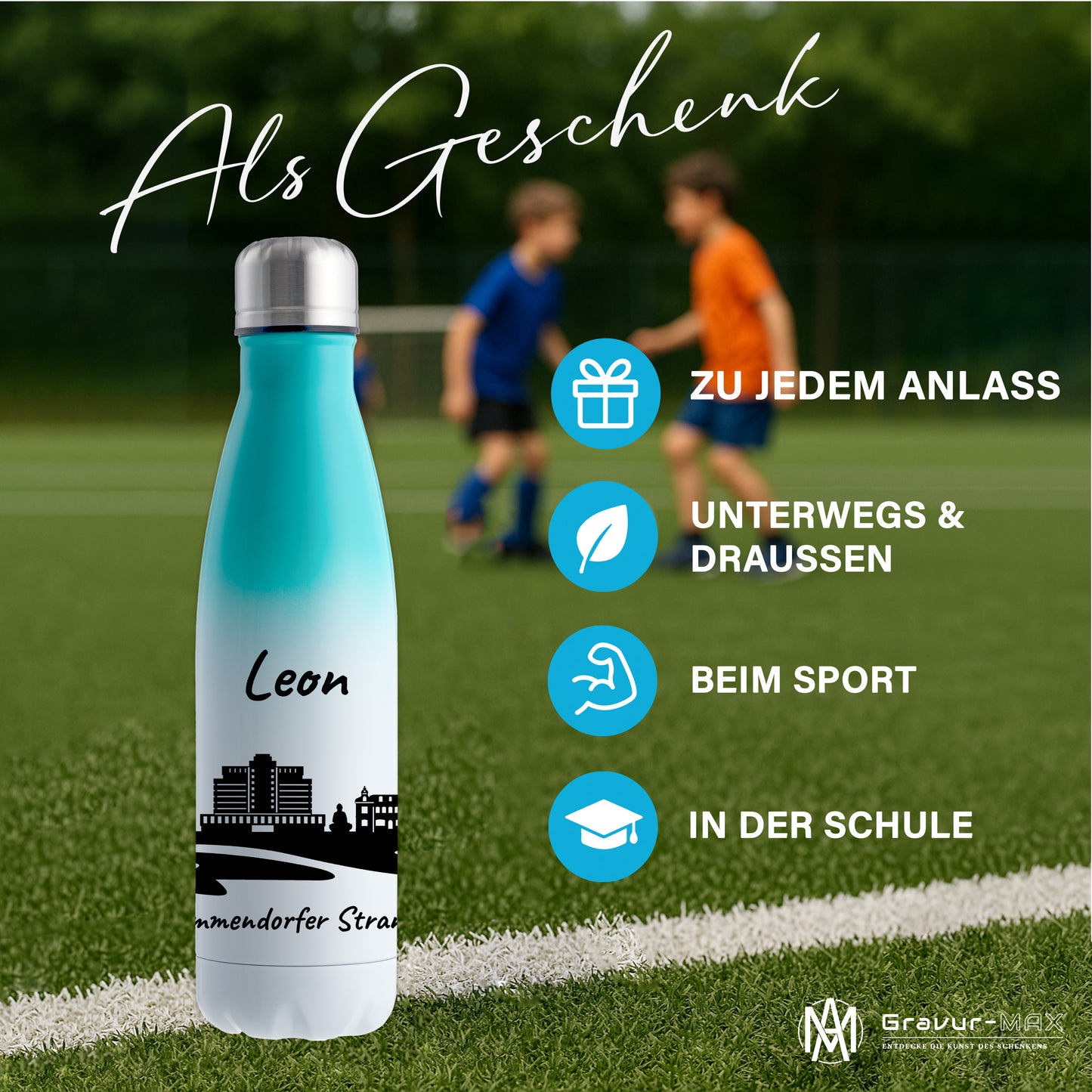 Trinkflasche in Weiß/Mint 500ml aus Edelstahl bedruckt mit der Skyline von Timmendorfer Strand personalisierbar mit Wunschname