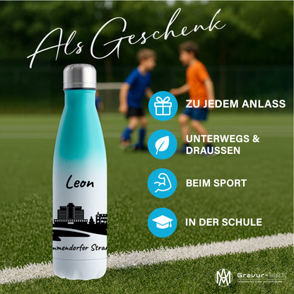 Trinkflasche in Weiß/Mint 500ml aus Edelstahl bedruckt mit der Skyline von Timmendorfer Strand personalisierbar mit Wunschname