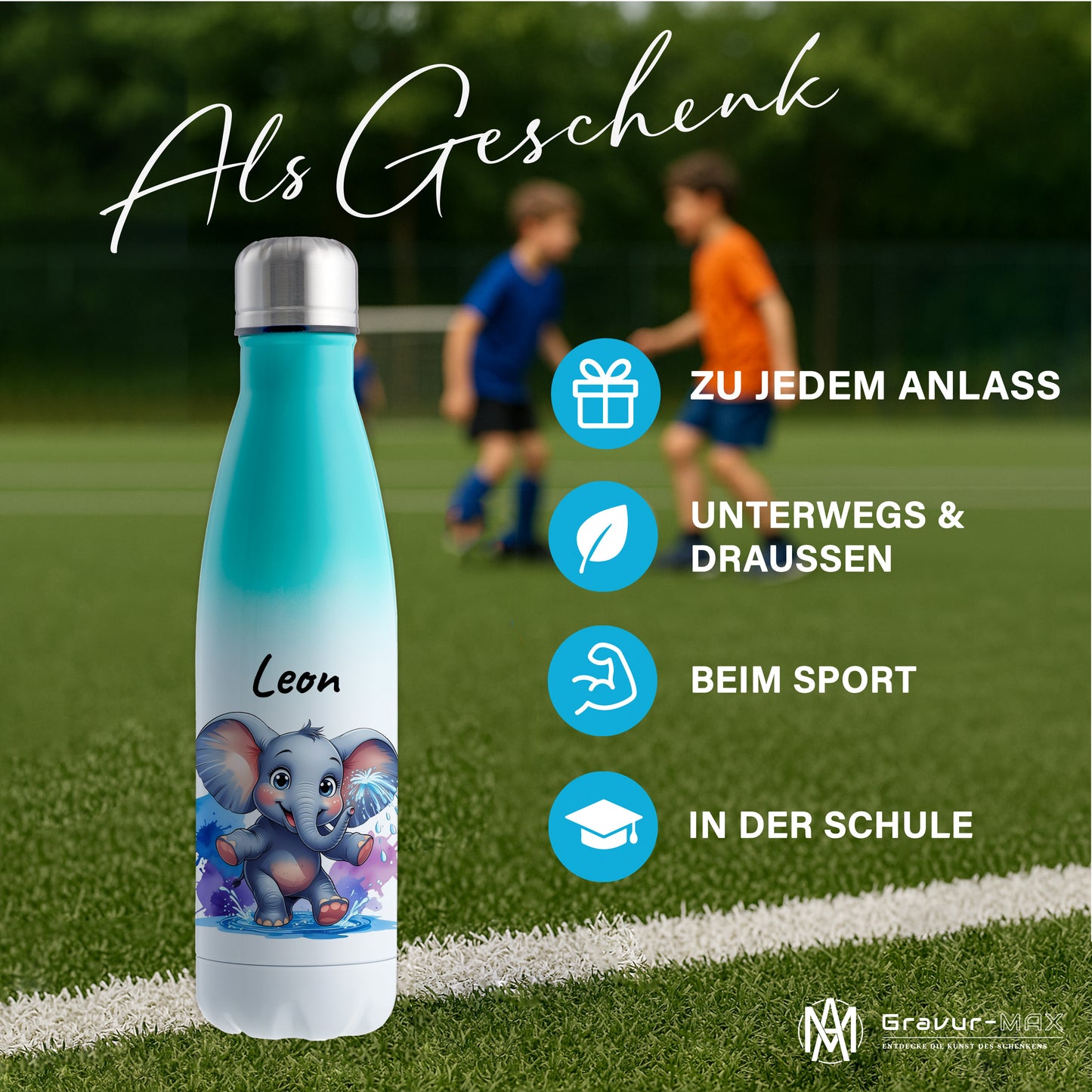 Trinkflasche in Weiß/Mint 500ml aus Edelstahl bedruckt mit niedlichen Tieren "Elefant" personalisierbar für Kinder mit Wunschname