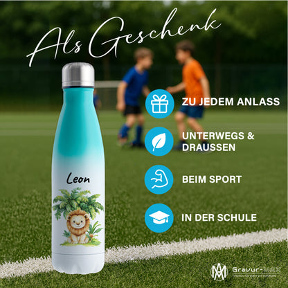 Trinkflasche mit Farbverlauf in Weiß/Mint 500ml aus Edelstahl bedruckt mit Dschungel Tieren"Löwe" personalisierbar für Kinder mit Wunschname