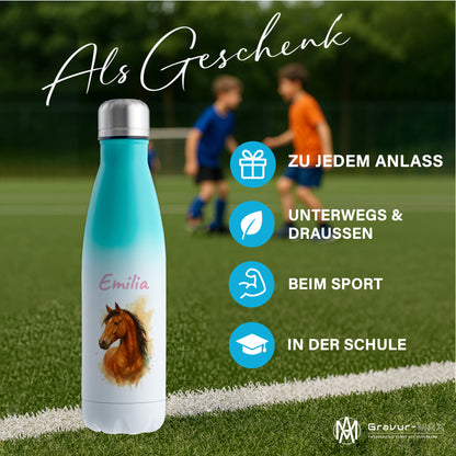 Thermoflasche 500ml in Weiß/Mint bedruckt mit tollen Motiven für Kinder "Pferd" personalisierbar mit Wunschname