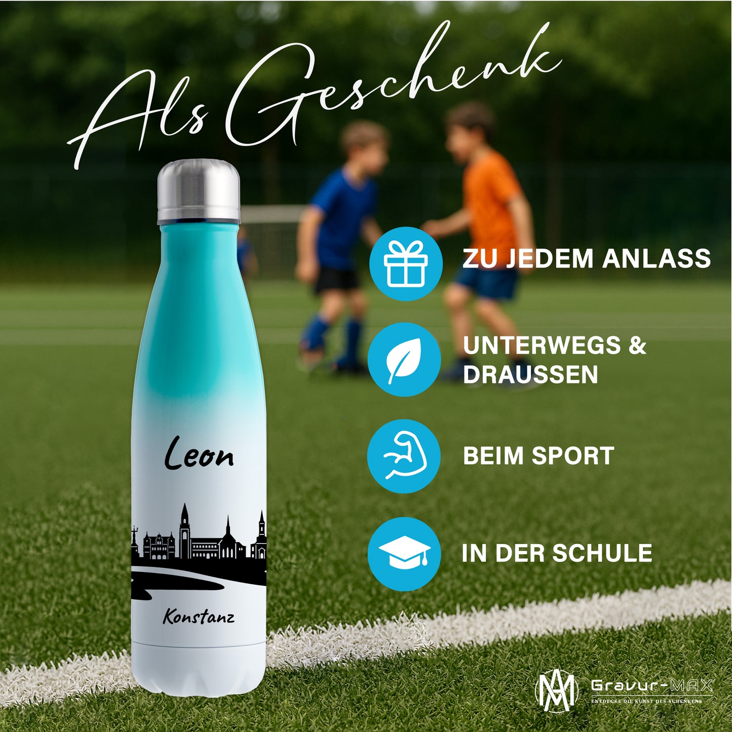 Trinkflasche in Weiß/Mint 500ml aus Edelstahl bedruckt mit der Skyline von Konstanz personalisierbar mit Wunschname