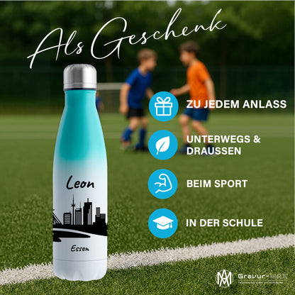 Trinkflasche in Weiß/Mint 500ml aus Edelstahl bedruckt mit der Skyline von Essen personalisierbar mit Wunschname