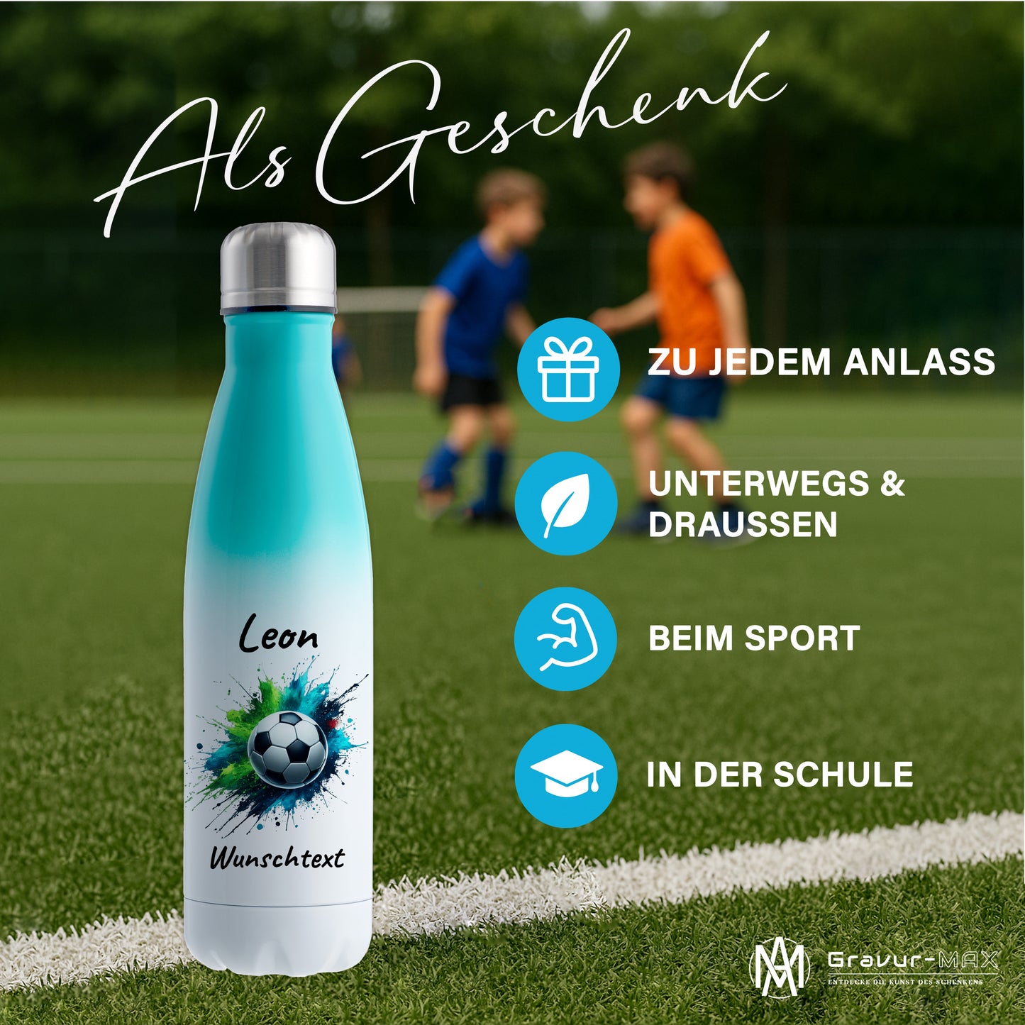 Thermoflasche 500ml in Weiß/Mint aus Edelstahl bedruckt "Fußball" Motiv8 personalisierbar mit Wunschname & Text