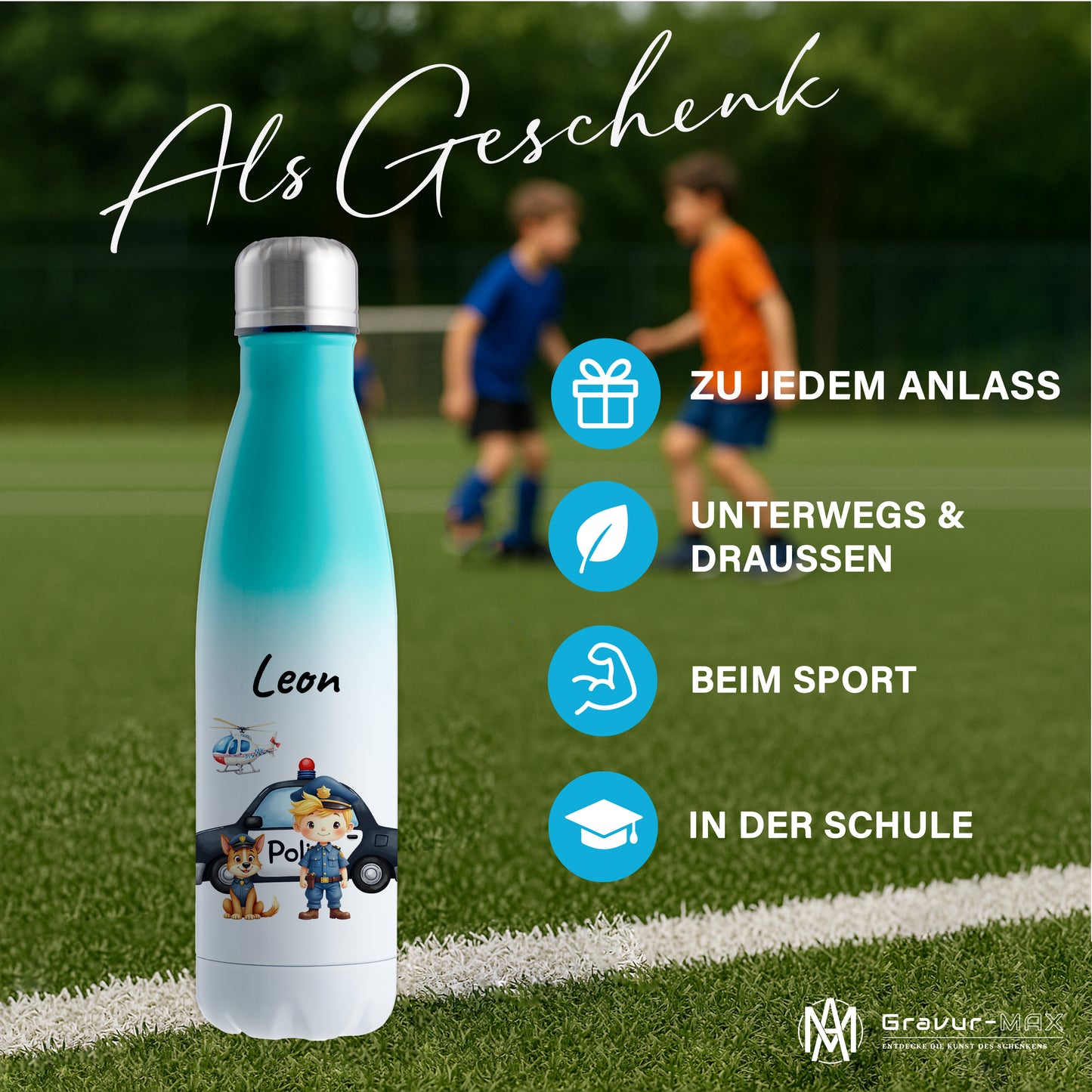 Thermoflasche 500ml in Weiß/Mint bedruckt mit tollen Motiven für Kinder "Polizei" personalisierbar mit Wunschname