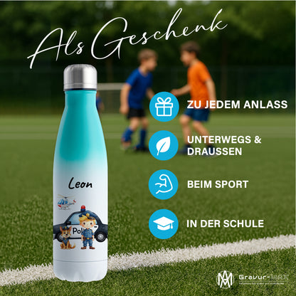 Thermoflasche 500ml in Weiß/Mint bedruckt mit tollen Motiven für Kinder "Polizei" personalisierbar mit Wunschname