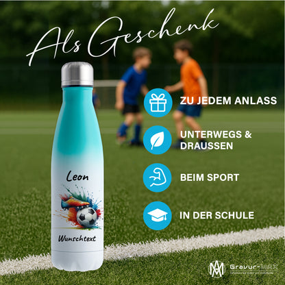 Thermoflasche 500ml in Weiß/Mint aus Edelstahl bedruckt "Fußball" Motiv6 personalisierbar mit Wunschname & Text
