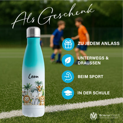 Trinkflasche mit Farbverlauf in Weiß/Mint 500ml aus Edelstahl bedruckt mit Dschungel Tieren"Dschungel Tiere" personalisierbar für Kinder mit Wunschname