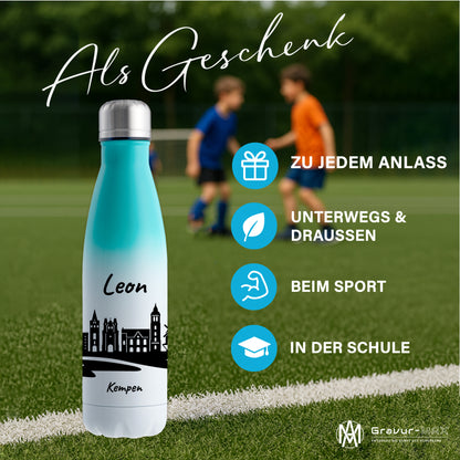 Trinkflasche in Weiß/Mint 500ml aus Edelstahl bedruckt mit der Skyline von Kempen personalisierbar mit Wunschname