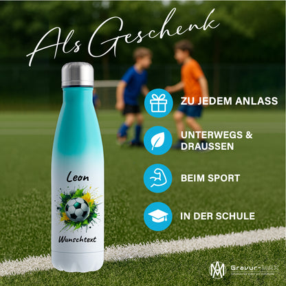 Thermoflasche 500ml in Weiß/Mint aus Edelstahl bedruckt "Fußball" Motiv11 personalisierbar mit Wunschname & Text