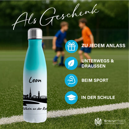 Trinkflasche in Weiß/Mint 500ml aus Edelstahl bedruckt mit der Skyline von Mülheim an der Ruhr personalisierbar mit Wunschname