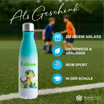 Thermoflasche 500ml in Weiß/Mint bedruckt mit tollen Motiven für Kinder "Dino Kinder" personalisierbar mit Wunschname