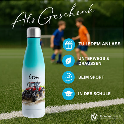 Thermoflasche 500ml in Weiß/Mint bedruckt mit tollen Motiven für Kinder "Traktor" personalisierbar mit Wunschname