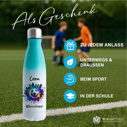 Thermoflasche 500ml in Weiß/Mint aus Edelstahl bedruckt "Fußball" Motiv7 personalisierbar mit Wunschname & Text