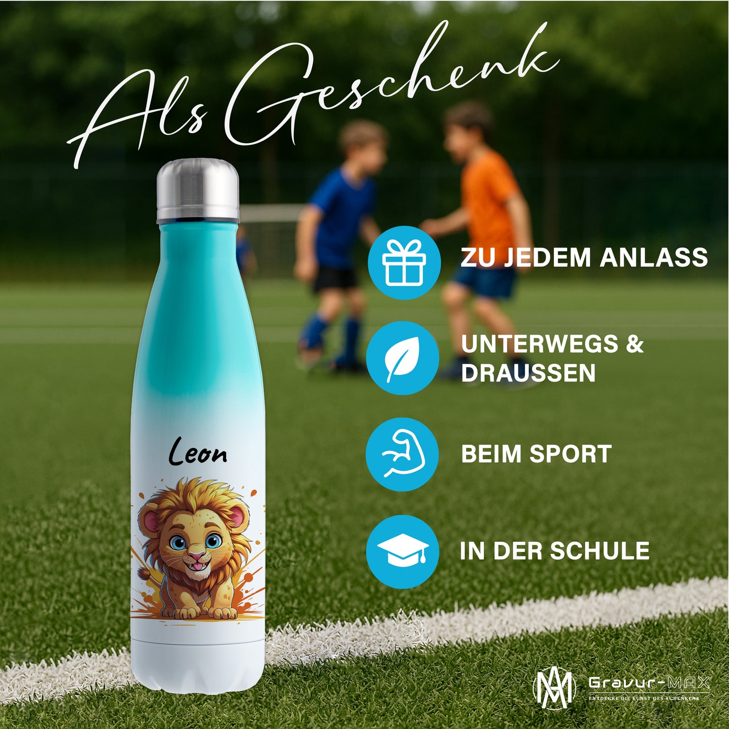 Trinkflasche in Weiß/Mint 500ml aus Edelstahl bedruckt mit niedlichen Tieren "Löwe" personalisierbar für Kinder mit Wunschname