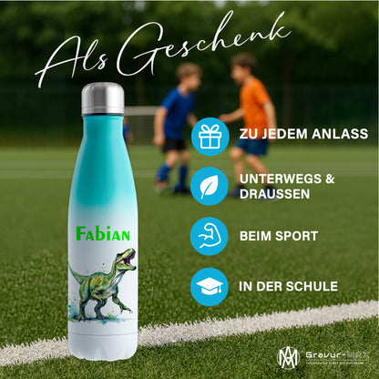 Thermoflasche 500ml in Weiß/Mint bedruckt mit tollen Motiven für Kinder "Dino T-Rex" personalisierbar mit Wunschname