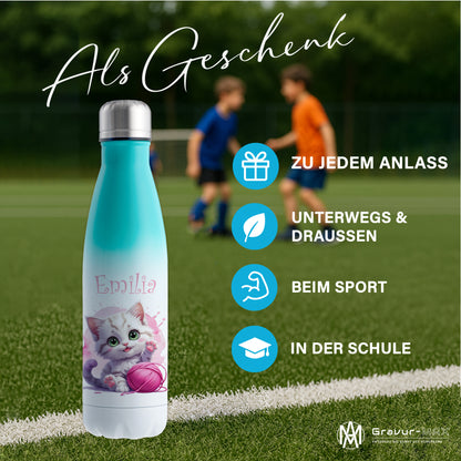 Trinkflasche in Weiß/Mint 500ml aus Edelstahl bedruckt mit niedlichen Tieren "Katze" personalisierbar für Kinder mit Wunschname