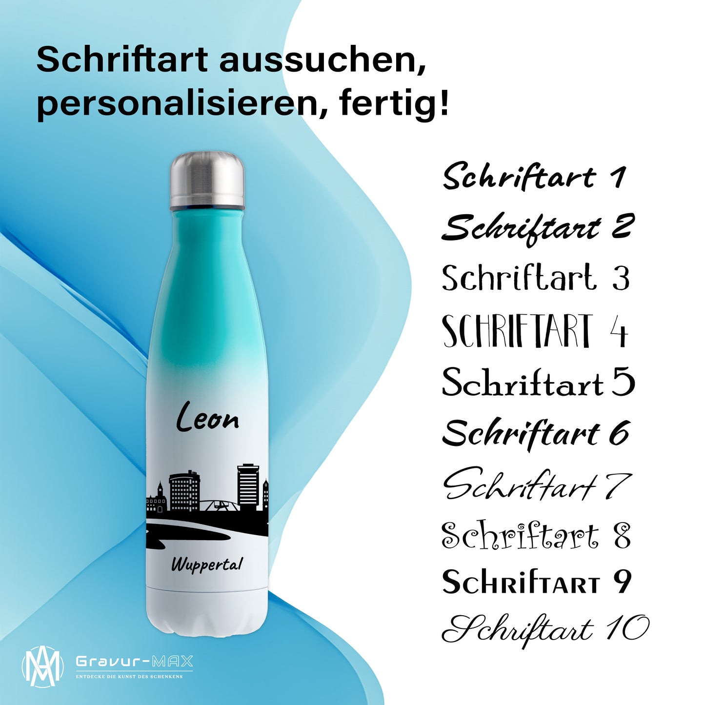 Trinkflasche in Weiß/Mint 500ml aus Edelstahl bedruckt mit der Skyline von Wuppertal personalisierbar mit Wunschname