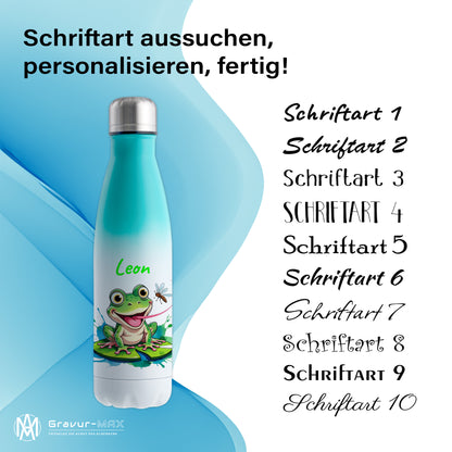 Trinkflasche in Weiß/Mint 500ml aus Edelstahl bedruckt mit niedlichen Tieren "Frosch" personalisierbar für Kinder mit Wunschname