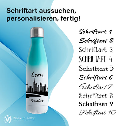 Trinkflasche in Weiß/Mint 500ml aus Edelstahl bedruckt mit der Skyline von Frankfurt personalisierbar mit Wunschname